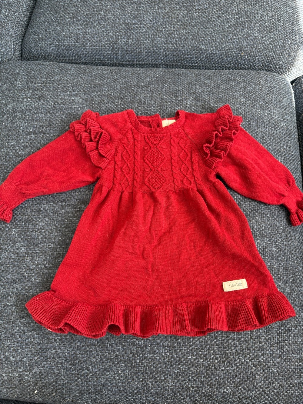 Girls' Red Ruffle Knit Dress with Cable Detail